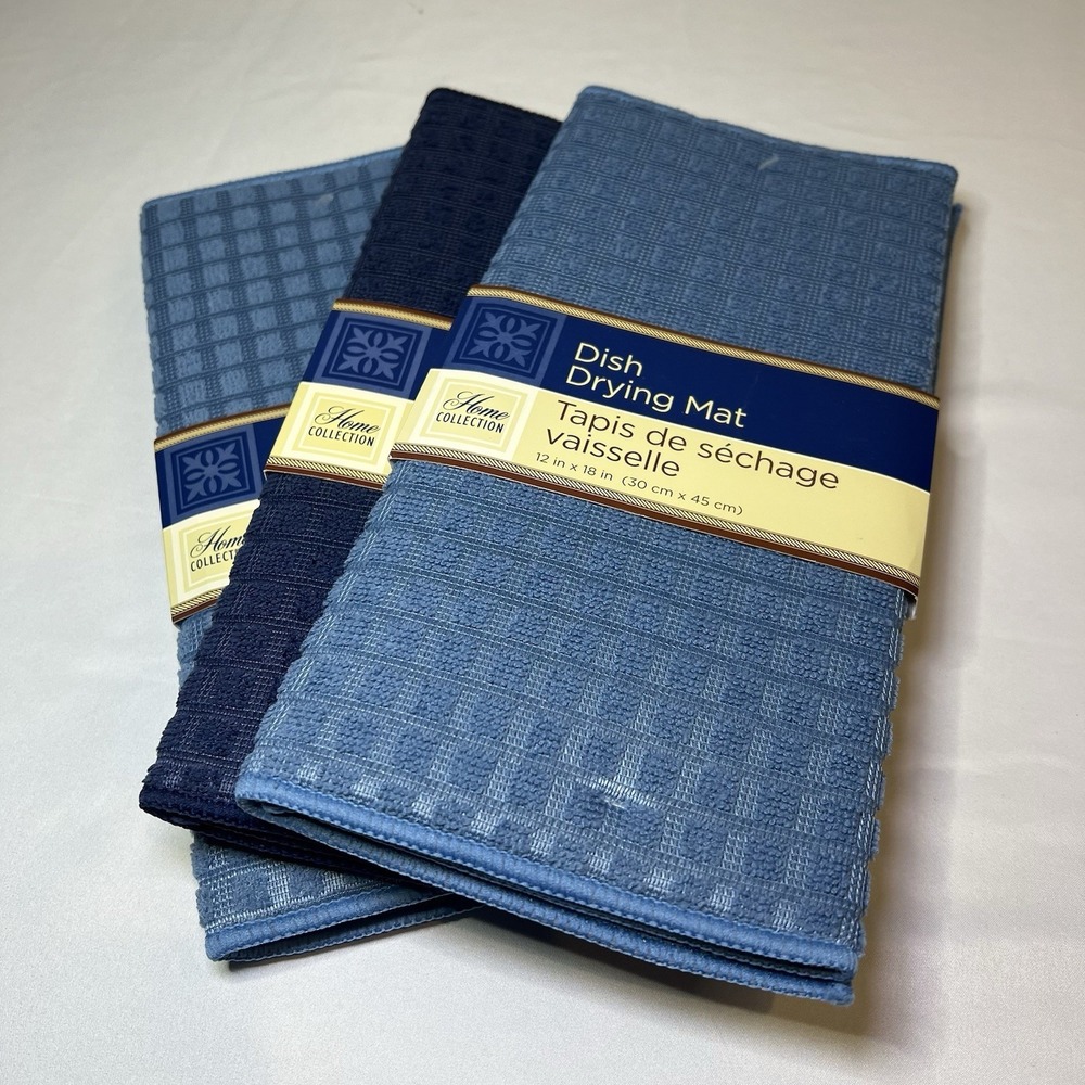 NWT Set Of‎ 3 Home Collection Dish Drying Mats Navy Light Blue 12 x 18 Inch